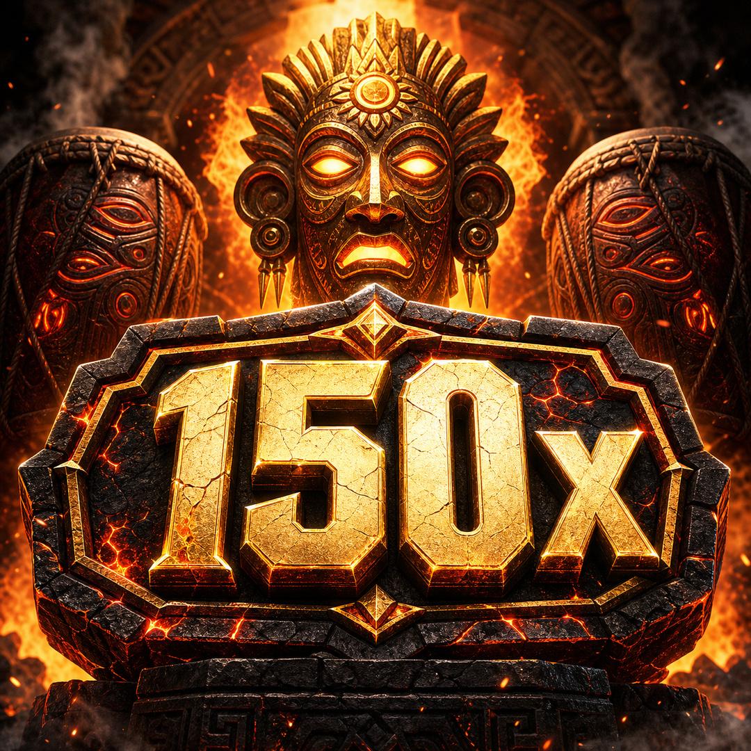 Glowing carved mask above a molten gold 150 times multiplier crest